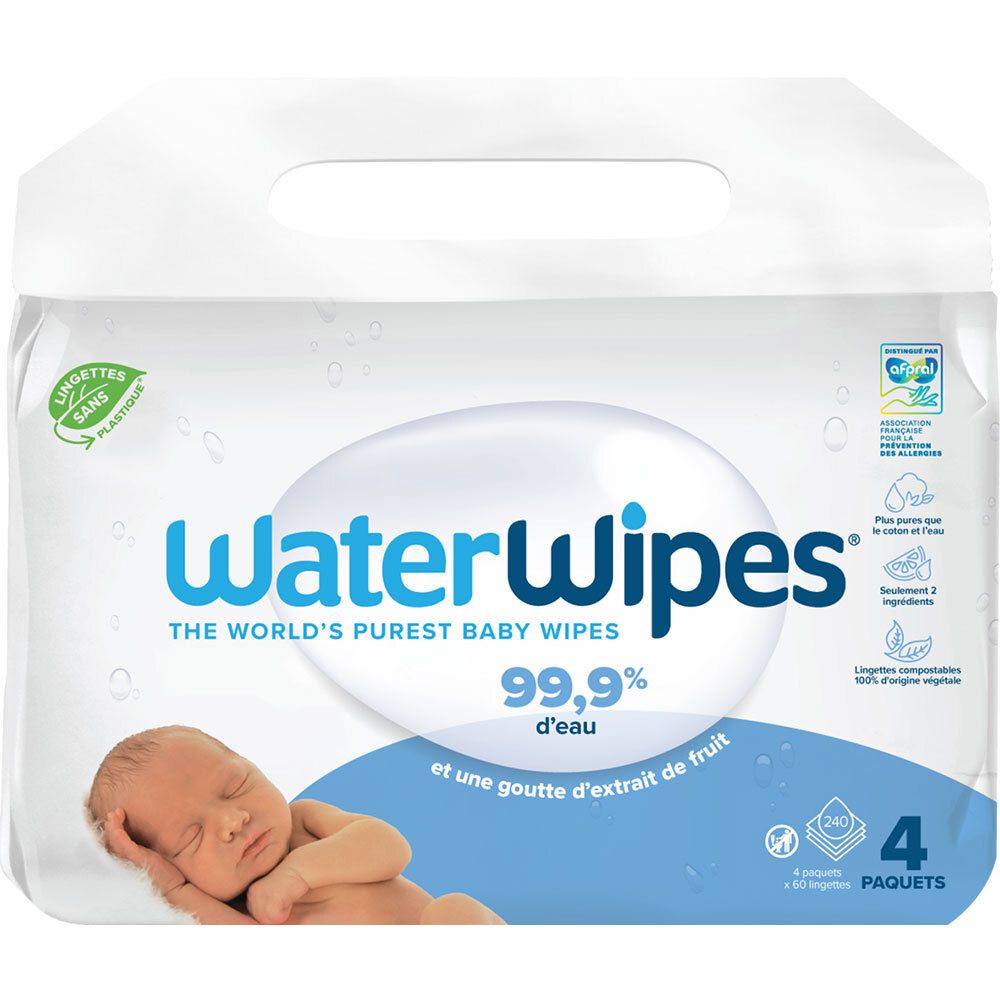 Paquet de lingettes WaterWipes. Contient 4 paquets de 240 lingettes. Inscription : 99,9% d'eau, une goutte d'extrait de fruit.