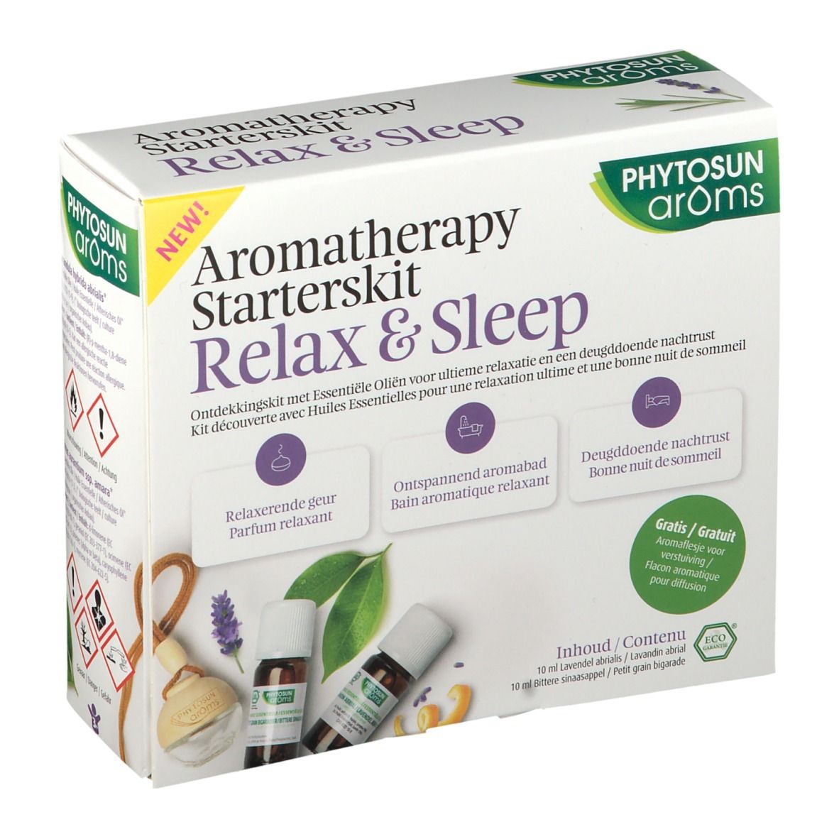 Aromatherapie Starterkit Relax & Sleep. Witte doos met productafbeeldingen en tekst. Bevat flesjes en accessoires. Merk: PHYTOSUN arôms.