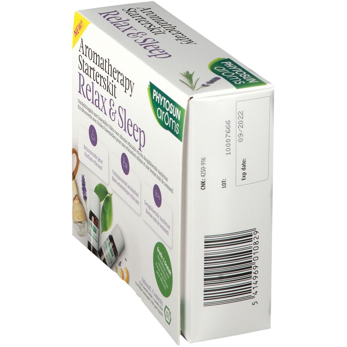 Aromatherapie Starterkit Relax & Sleep. Witte doos, zijaanzicht. Tekst en barcode. Merk: PHYTOSUN arôms. Houdbaar t/m: 09/2022.