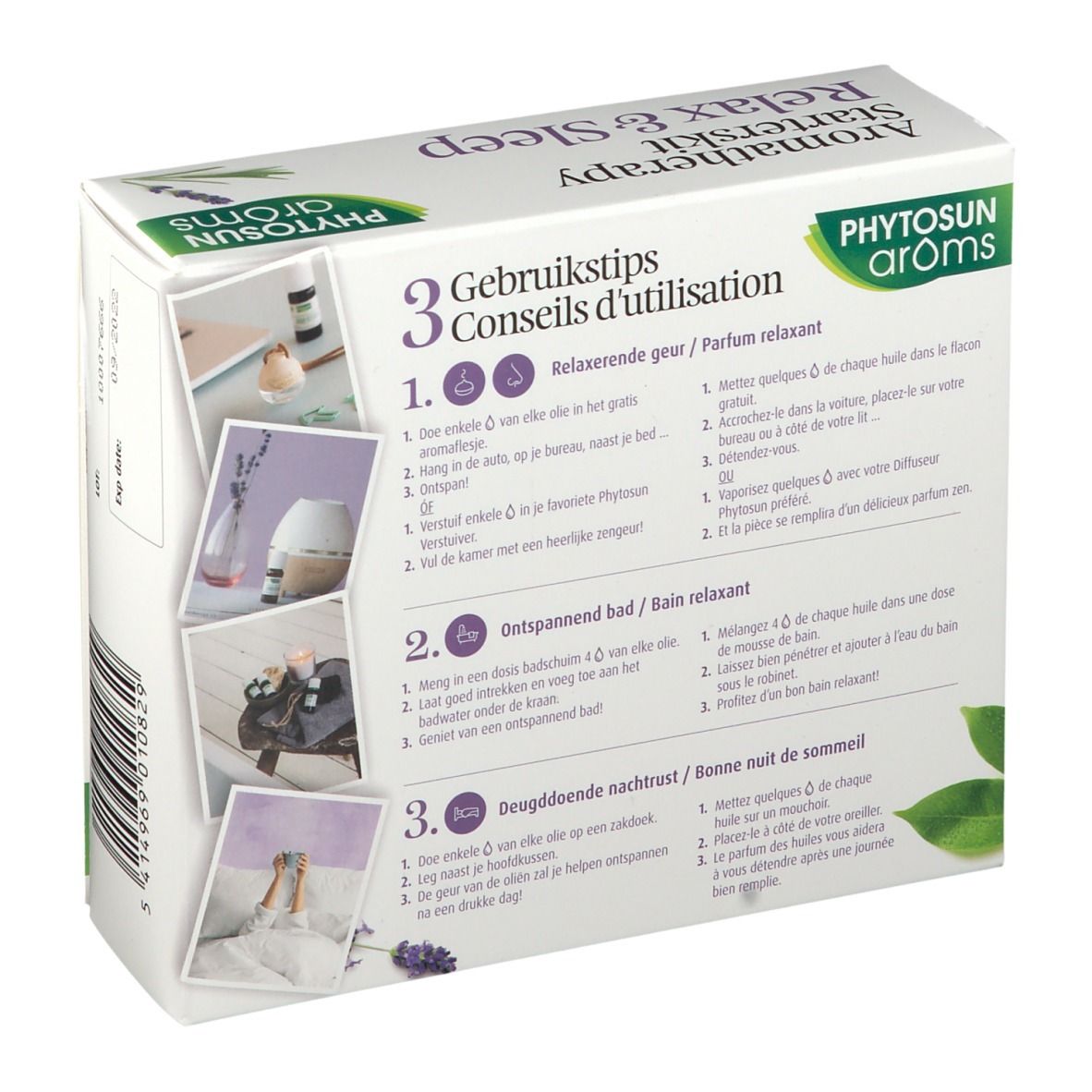Achterkant van de Aromatherapie Starterkit Relax & Sleep doos. Gebruiksadvies in 3 stappen. Merk: PHYTOSUN arôms. Afbeeldingen van producten.