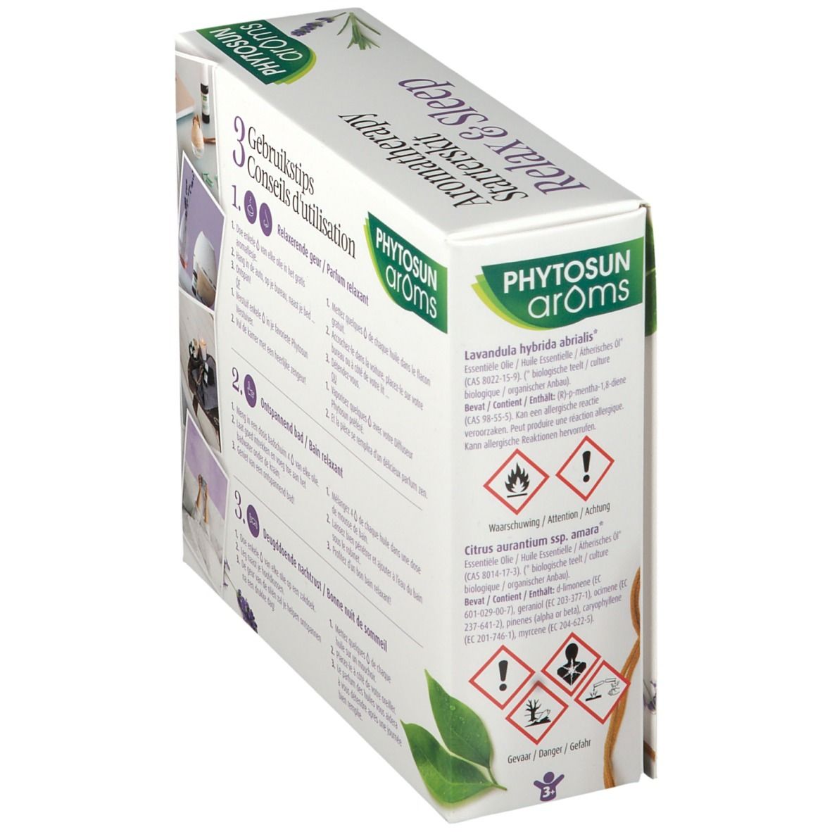 Aromatherapie Starterkit Relax & Sleep doos, zijaanzicht. Waarschuwingen en ingrediënten. Merk: PHYTOSUN arôms. Gevarensymbolen.