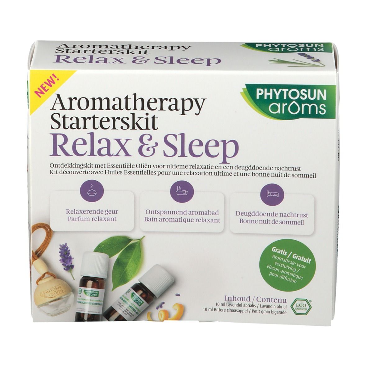 Aromatherapie Starterkit Relax & Sleep. Witte doos met productafbeeldingen en tekst. Bevat flesjes en accessoires. Merk: PHYTOSUN arôms.