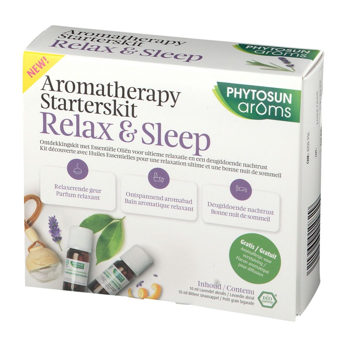 Aromatherapie Starterkit Relax & Sleep. Witte doos met productafbeeldingen en tekst. Bevat flesjes en accessoires. Merk: PHYTOSUN arôms.