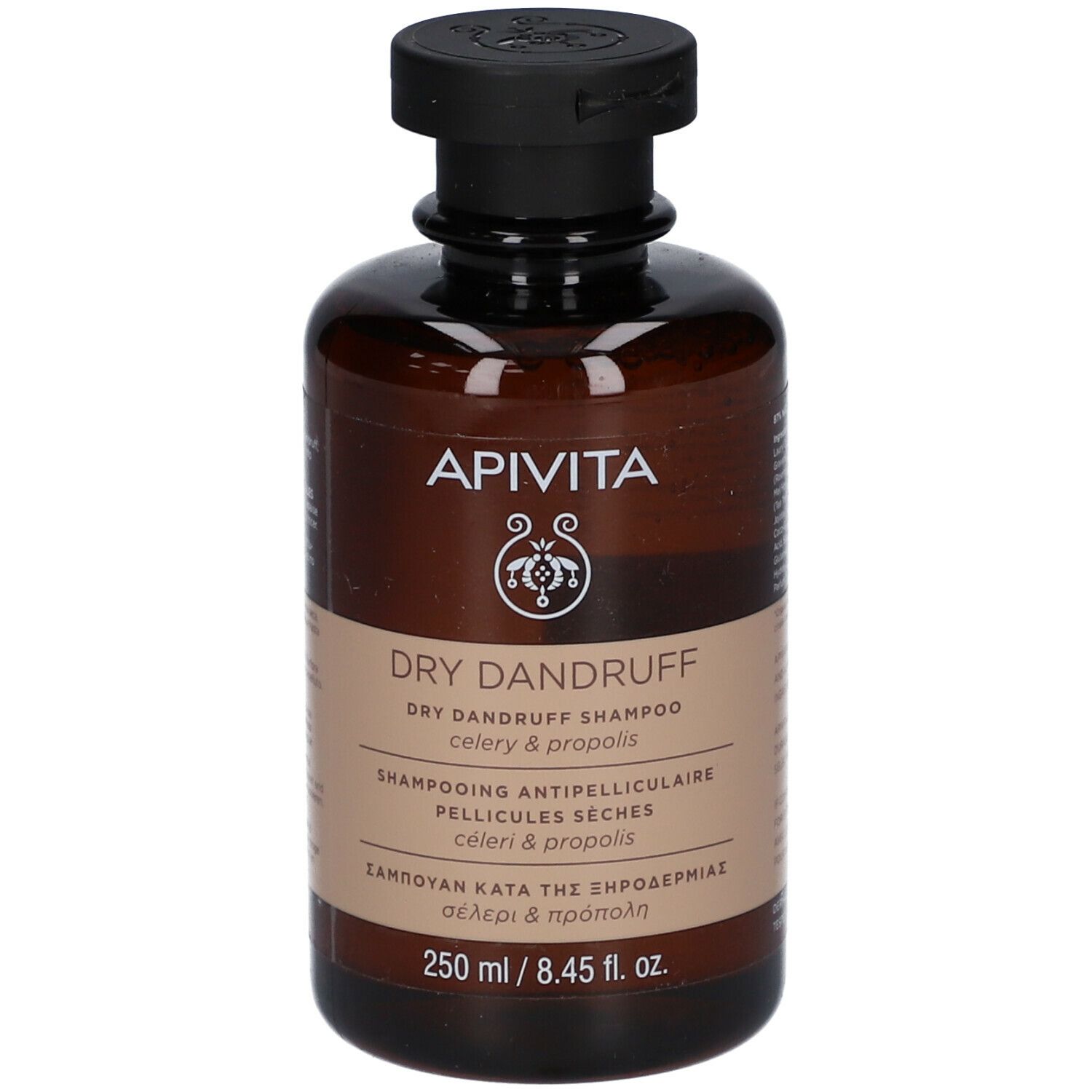 Bruine fles met zwarte dop. Opschrift: APIVITA, DRY DANDRUFF, Shampooing Antipelliculaire, 250 ml.