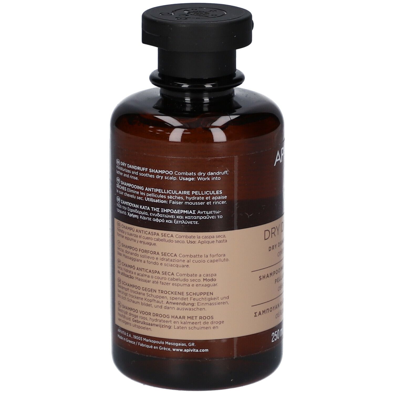 Achterkant van een bruine fles met zwarte dop. Meertalige tekst. Opschrift: DRY DANDRUFF Shampoo.