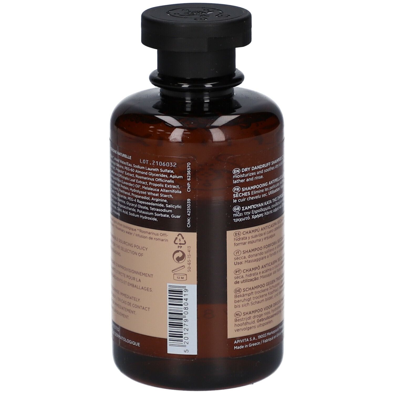 Achterkant van een bruine fles met zwarte dop. Meertalige tekst. Opschrift: DRY DANDRUFF Shampoo.