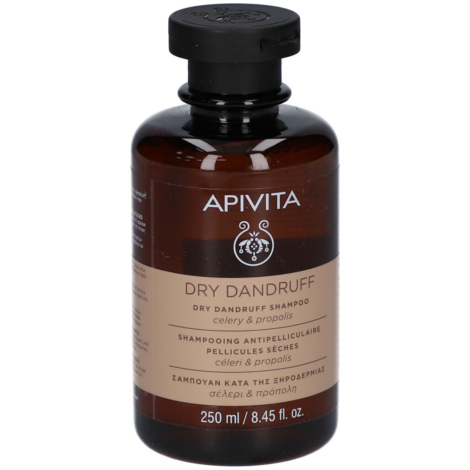 Bruine fles met zwarte dop. Opschrift: APIVITA, DRY DANDRUFF, Shampooing Antipelliculaire, 250 ml.