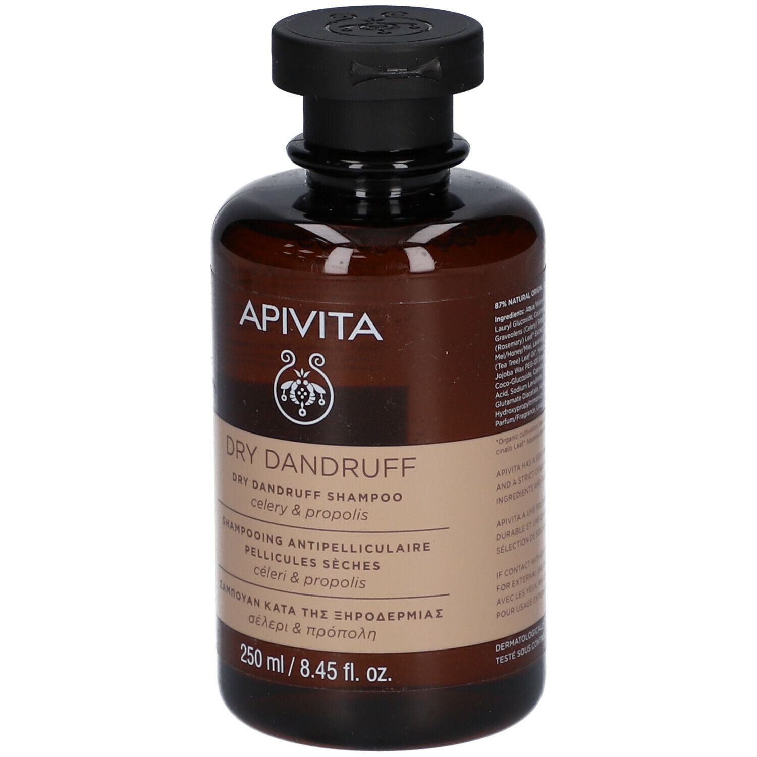 Bruine fles met zwarte dop. Opschrift: APIVITA, DRY DANDRUFF, Shampooing Antipelliculaire, 250 ml.