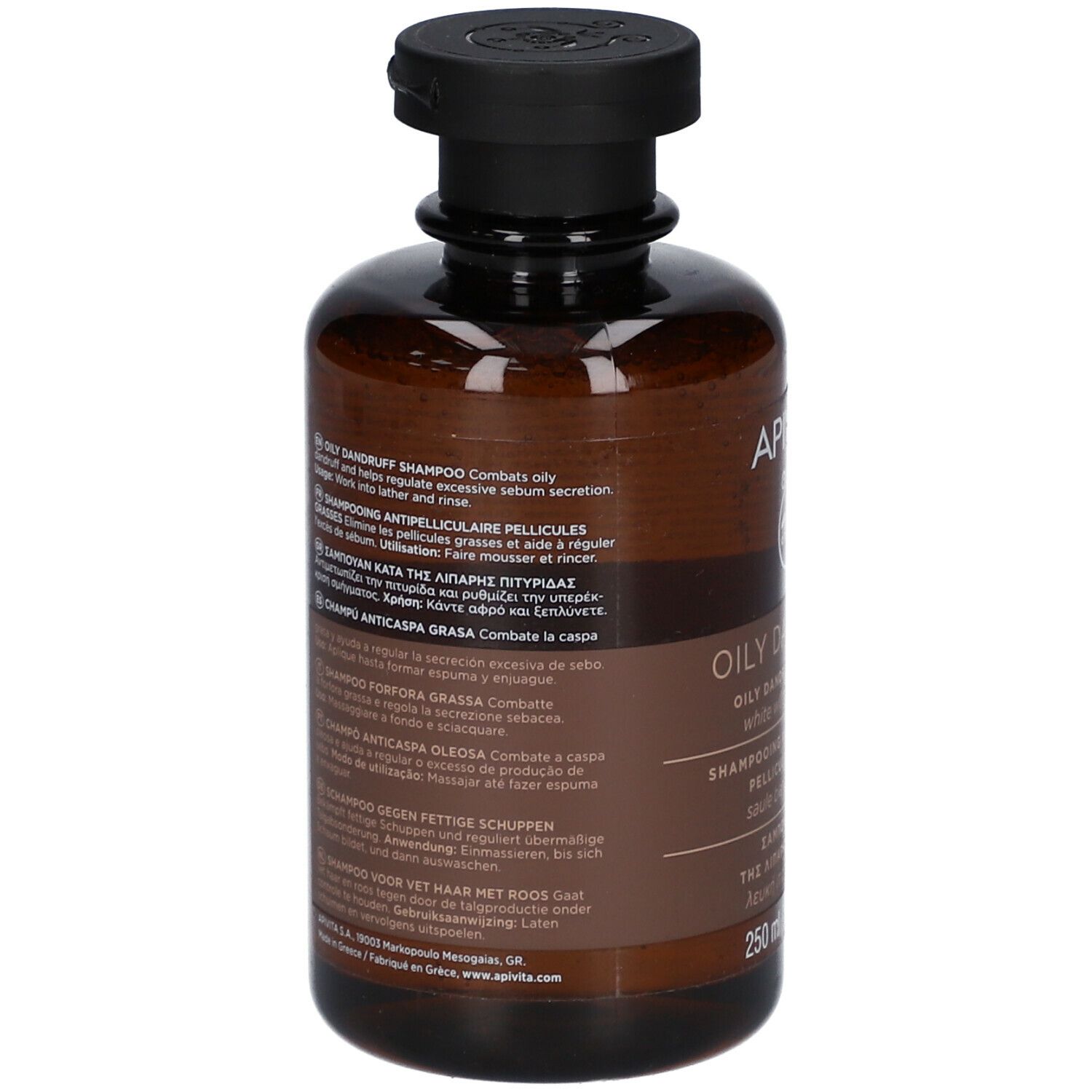 Achterkant van een bruine fles met zwarte dop. Meertalige productinformatie, inclusief ingrediënten en gebruik.