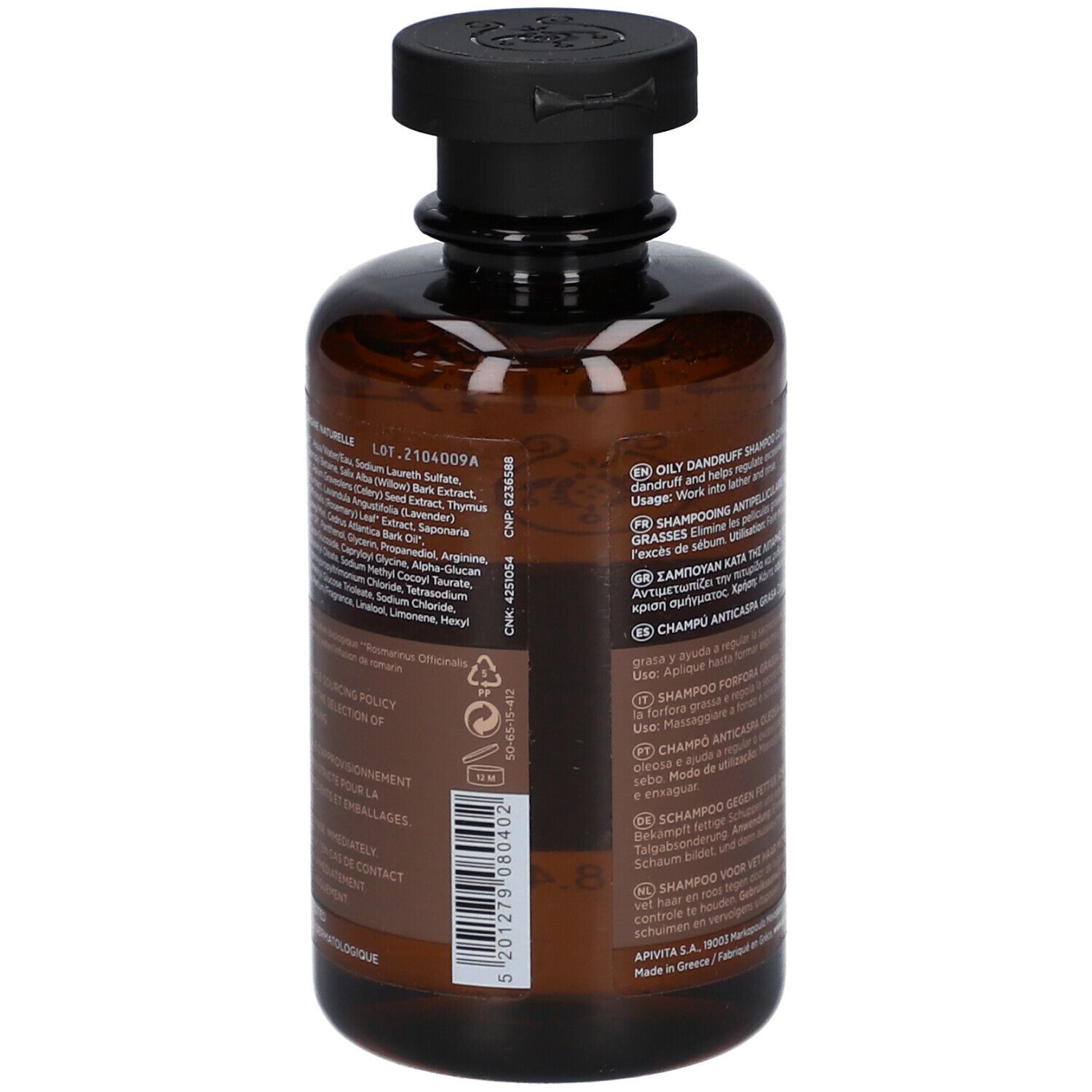 Achterkant van een bruine fles met zwarte dop. Meertalige productinformatie, inclusief ingrediënten en batchnummer.