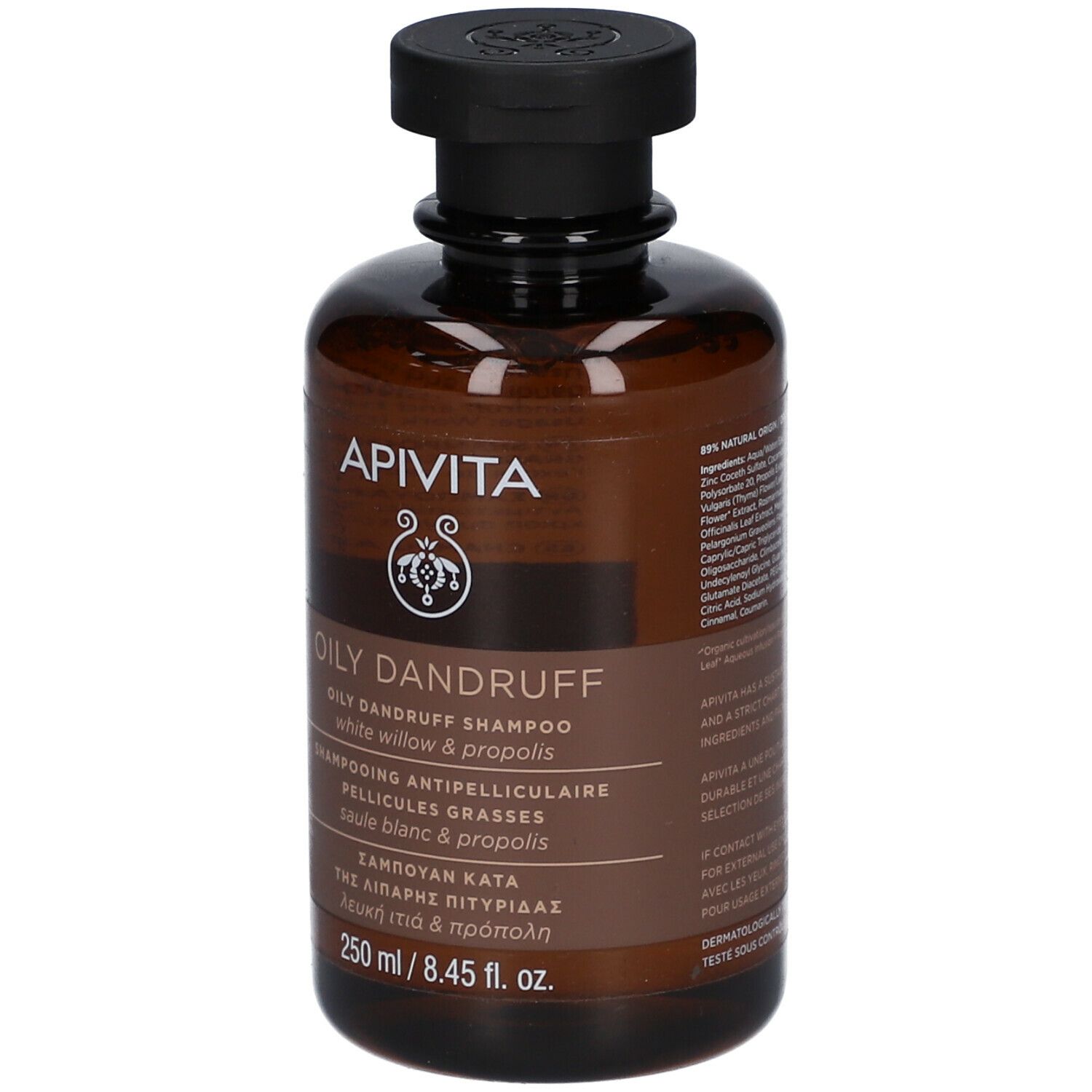 Bruine fles met zwarte dop. Opschrift: APIVITA, OILY DANDRUFF Shampoo. Meertalige productinformatie.