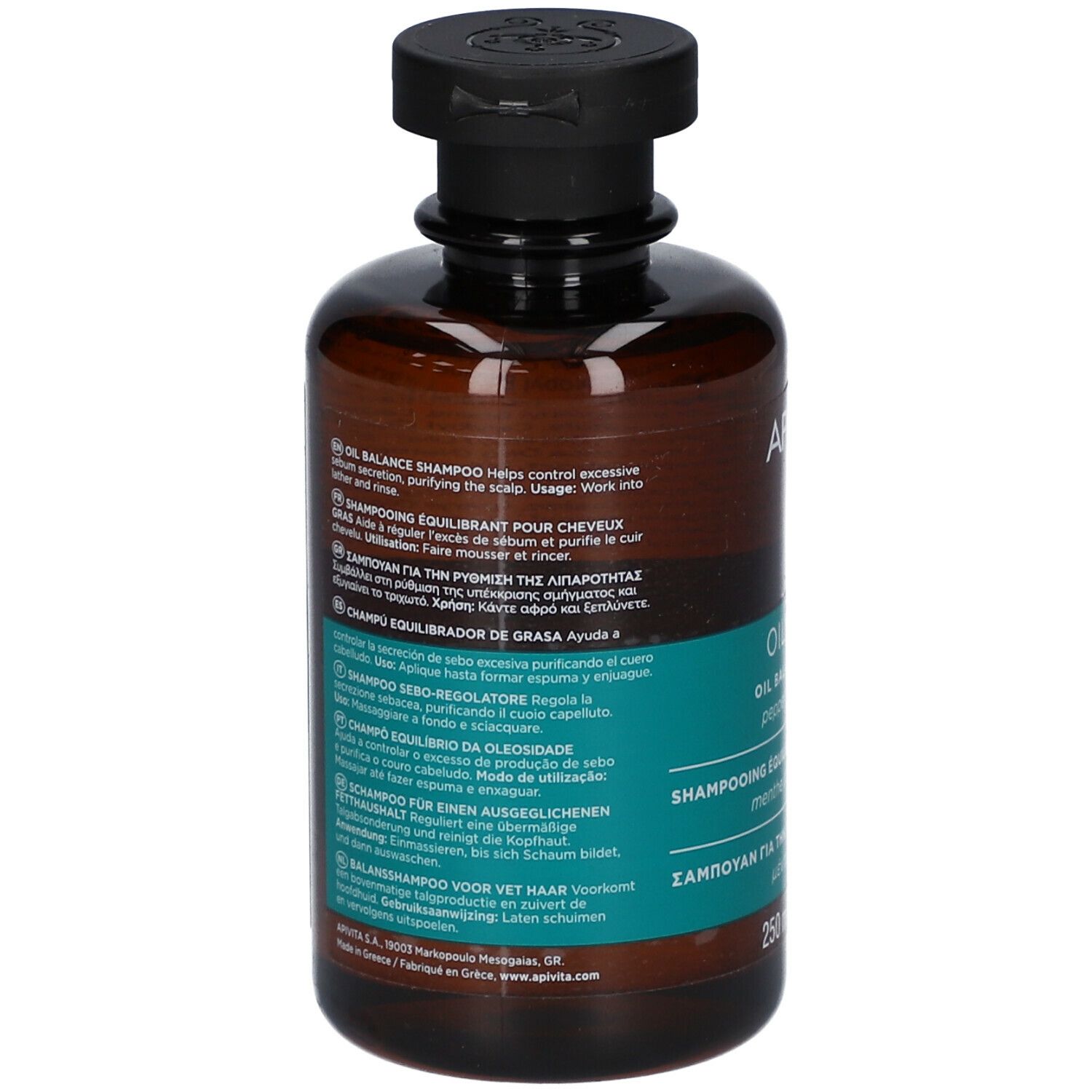 Rückseite der braunen Flasche mit schwarzem Deckel. Text in mehreren Sprachen. Aufschrift: Oil Balance Shampoo.