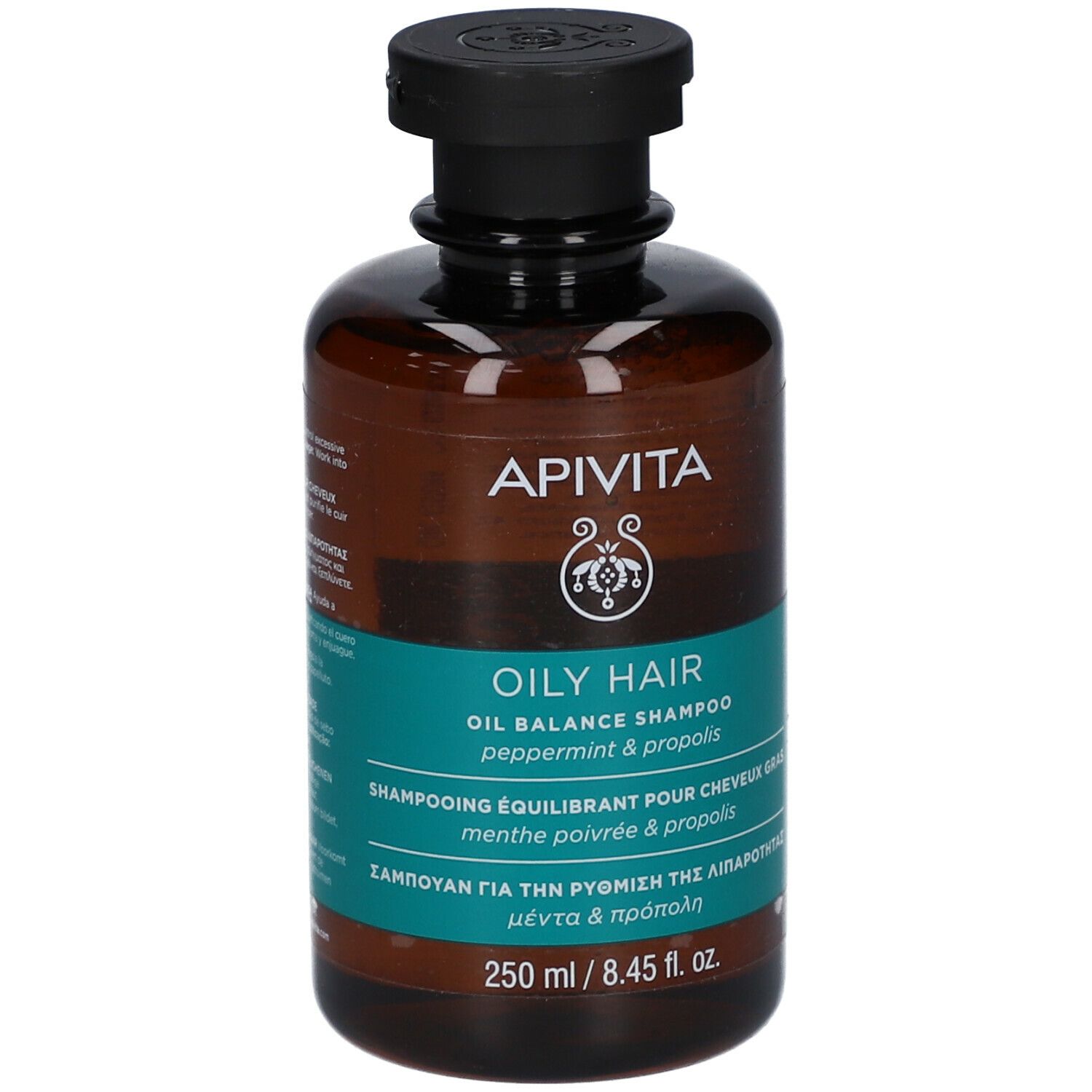 Braune Flasche mit schwarzem Deckel. Aufschrift: APIVITA, OILY HAIR, Oil Balance Shampoo, Pfefferminze & Propolis.