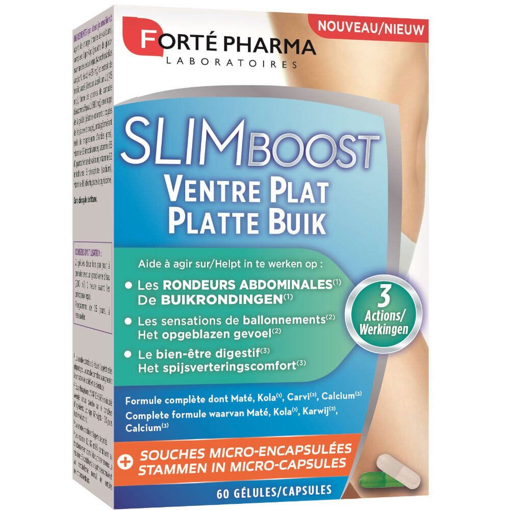 Verpackung von Forté Pharma SlimBOOST Flacher Bauch. Enthält 60 Kapseln. Aufschrift: 3 Aktionen. Enthält Mikro-Kapseln.