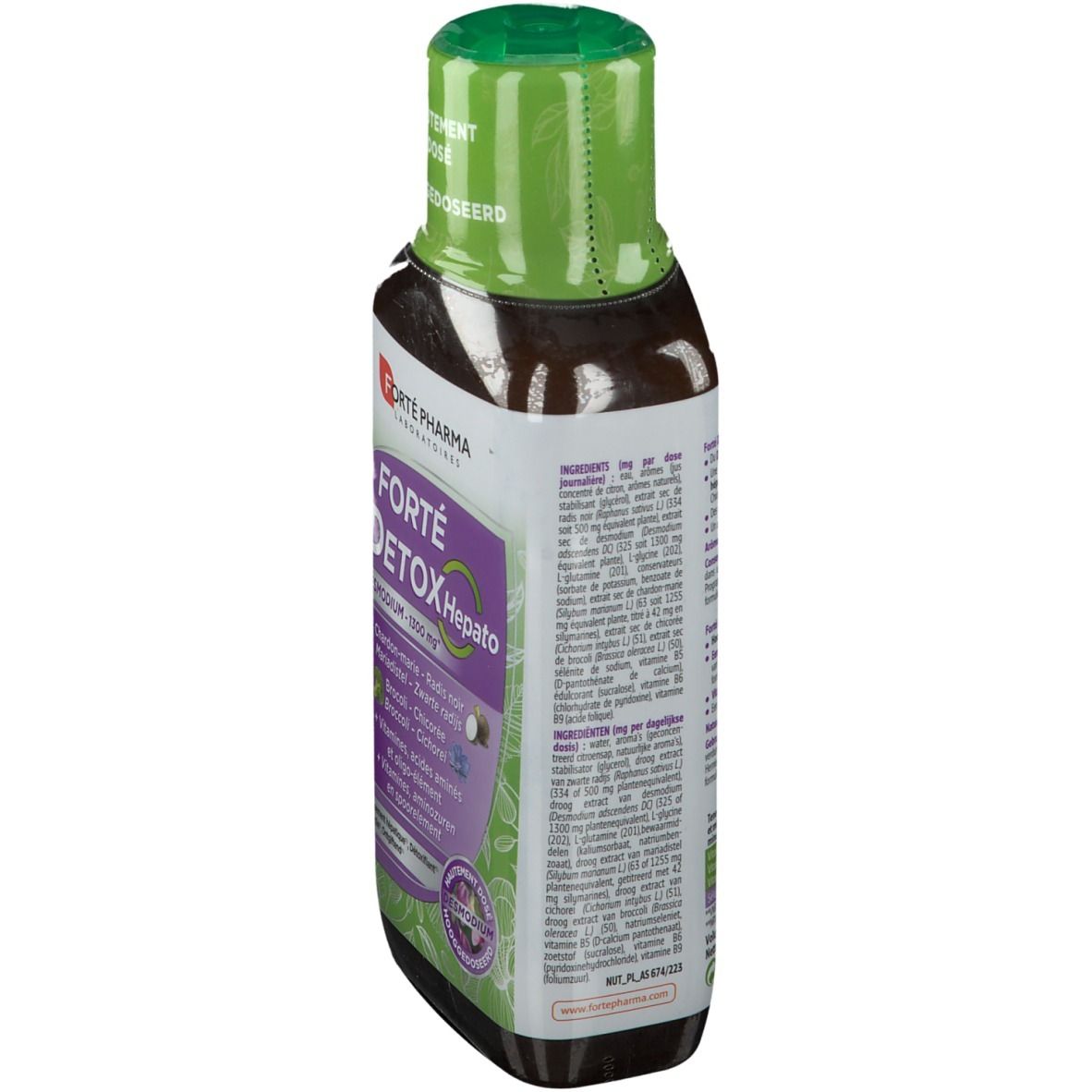 Zijkant fles Forté Detox Hepato. Groene dop. Tekst en ingrediënten.