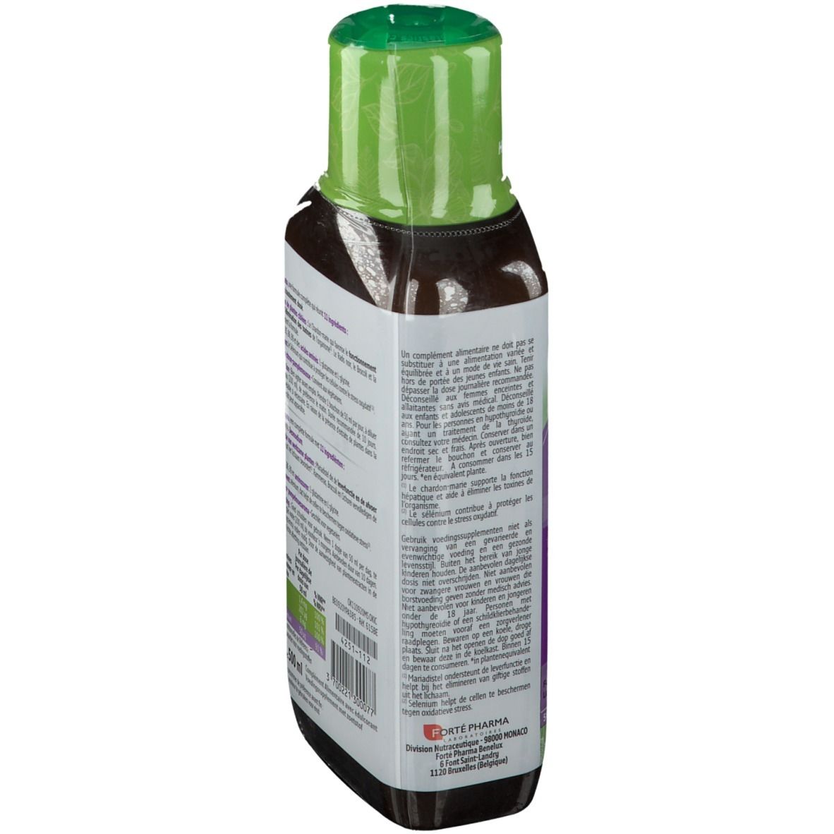 Achterkant fles Forté Detox Hepato. Tekst met ingrediënten en voedingswaarde.