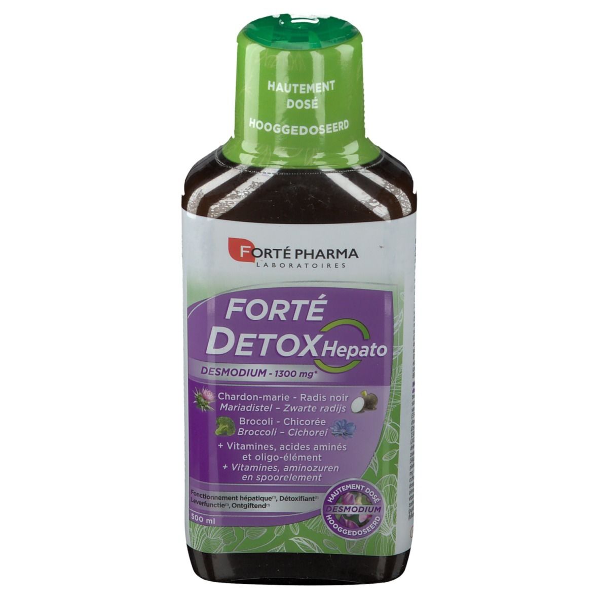 Fles Forté Detox Hepato. Vooraanzicht met logo, ingrediënten en groene dop.