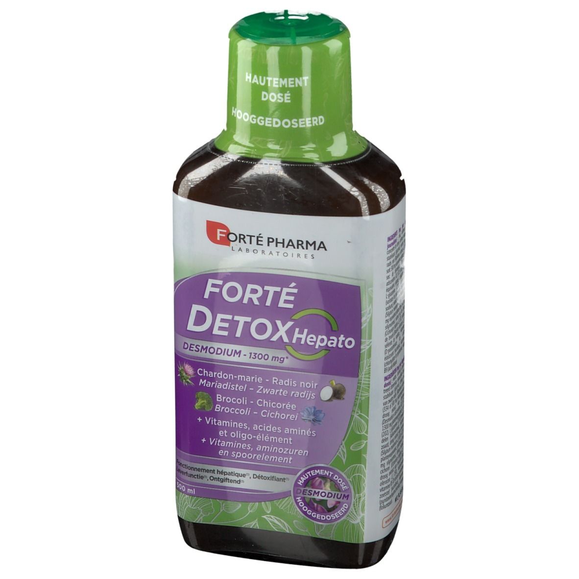 Fles Forté Detox Hepato. Vooraanzicht met logo, ingrediënten en groene dop.