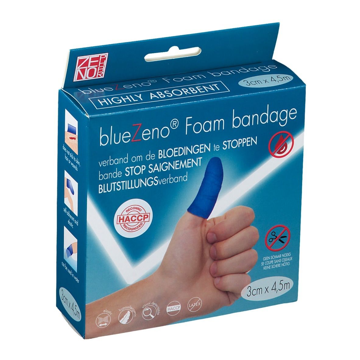 Pansement bleu sur un pouce. Emballage avec nom du produit et dimensions.