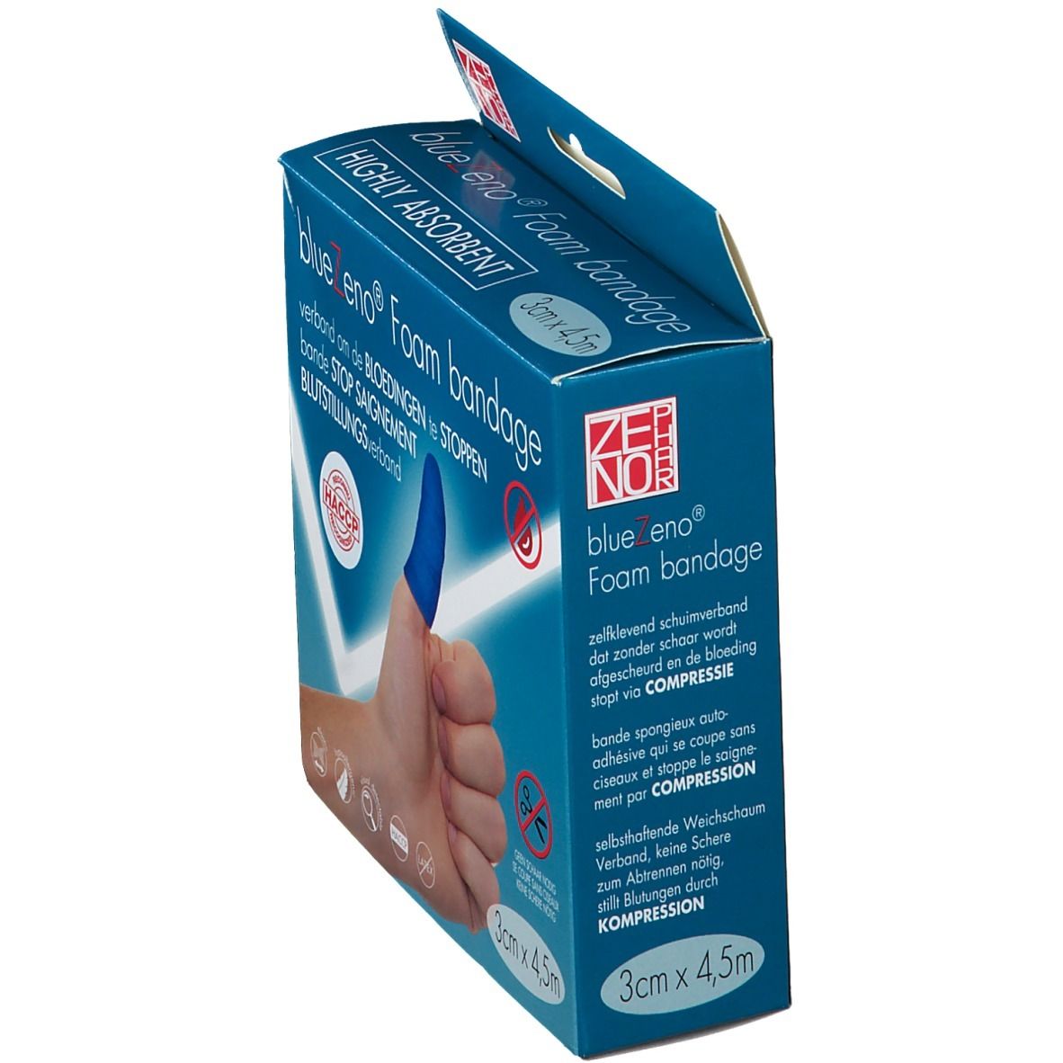 Emballage avec pansement bleu sur un pouce. Nom du produit et dimensions.
