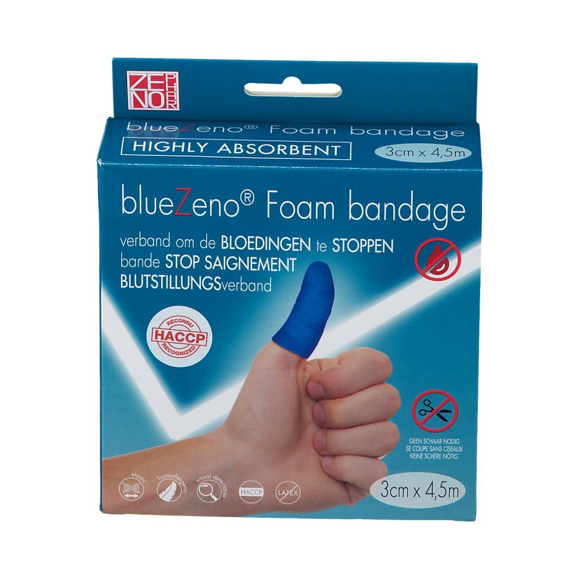Pansement bleu sur un pouce. Emballage avec nom du produit et dimensions.