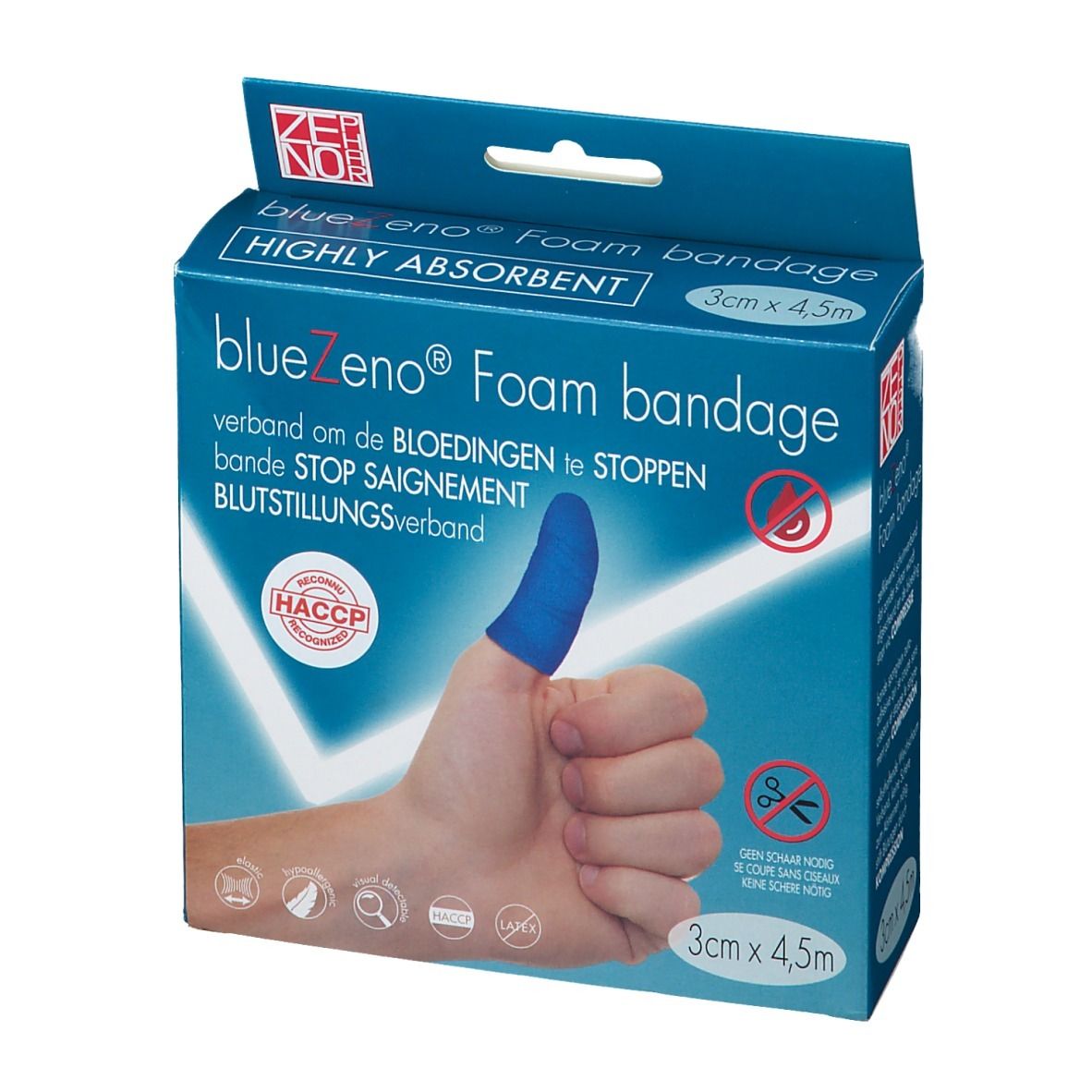 Pansement bleu sur un pouce. Emballage avec nom du produit et dimensions.