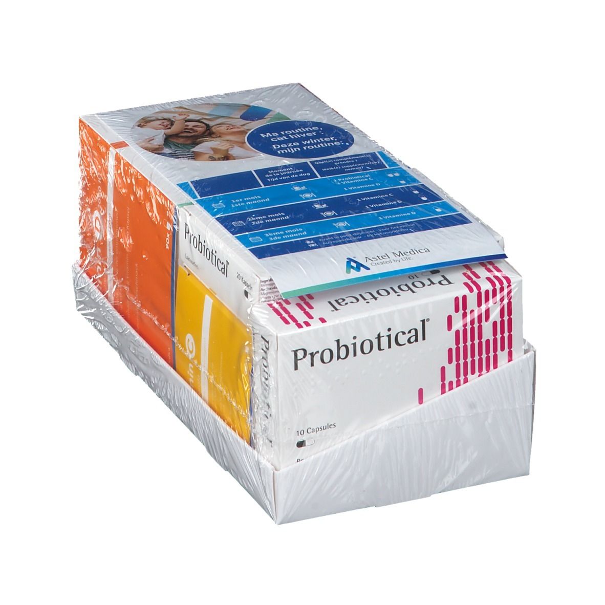 Emballage de Astel Medica Probiotical et vitamines. Plusieurs boîtes emballées sous film. Informations sur le produit imprimées.