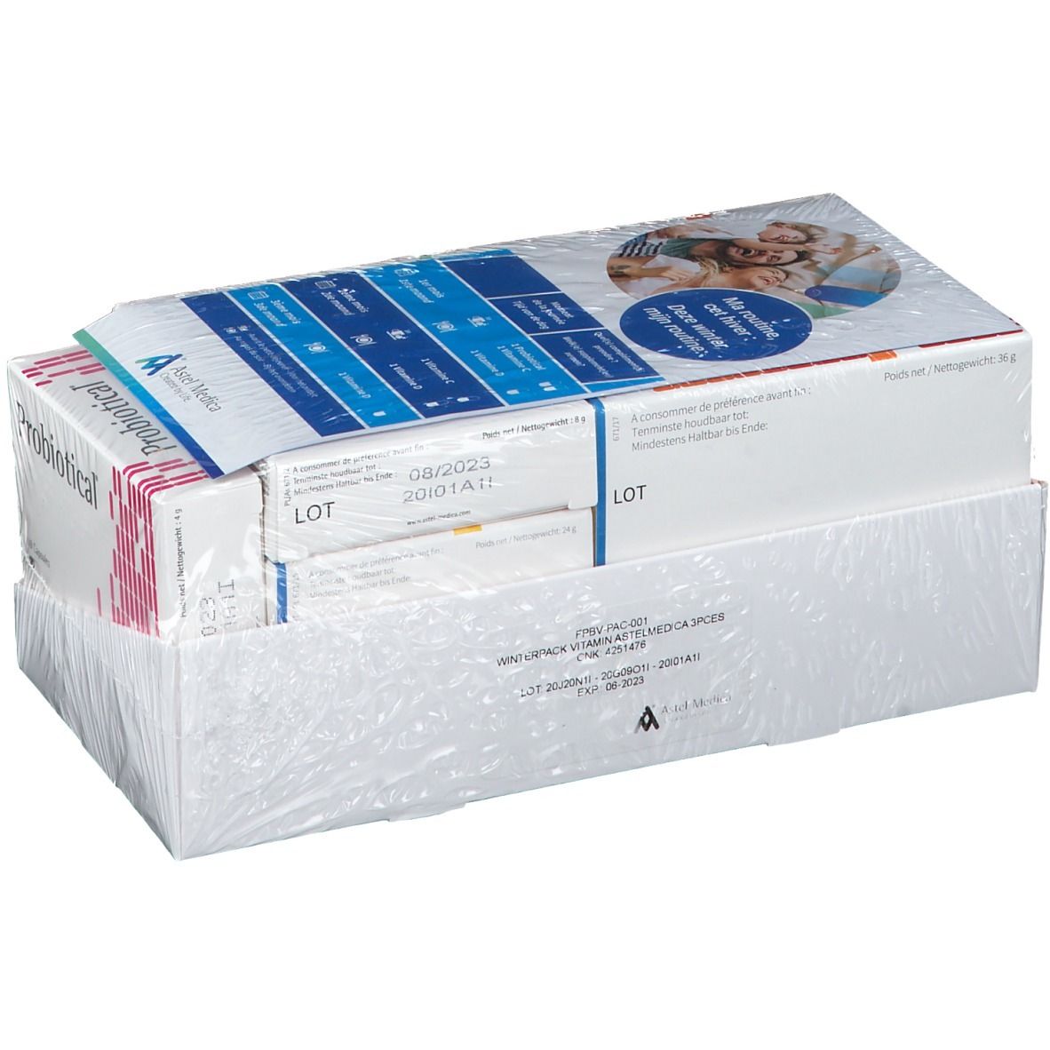 Emballage de Astel Medica Probiotical et vitamines. Plusieurs boîtes emballées sous film. Informations sur le produit imprimées.