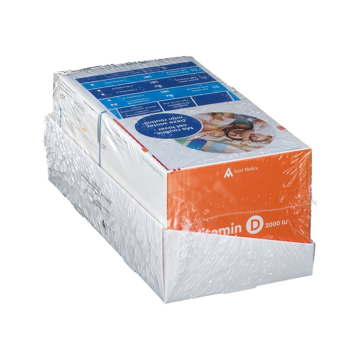Emballage de Astel Medica Vitamine D. Plusieurs boîtes emballées sous film. Informations sur le produit imprimées.