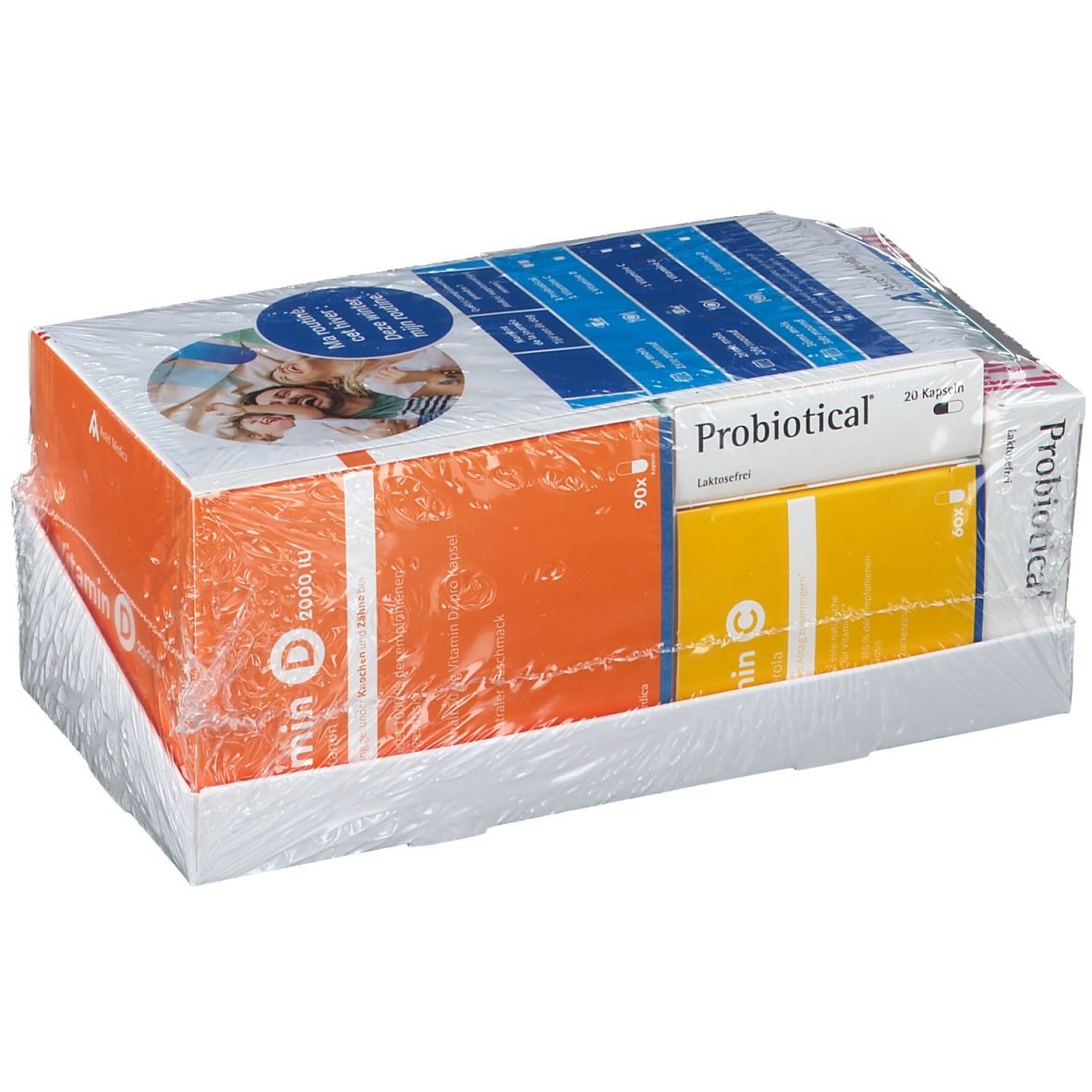 Emballage de Astel Medica Probiotical et vitamines. Plusieurs boîtes emballées sous film. Informations sur le produit imprimées.