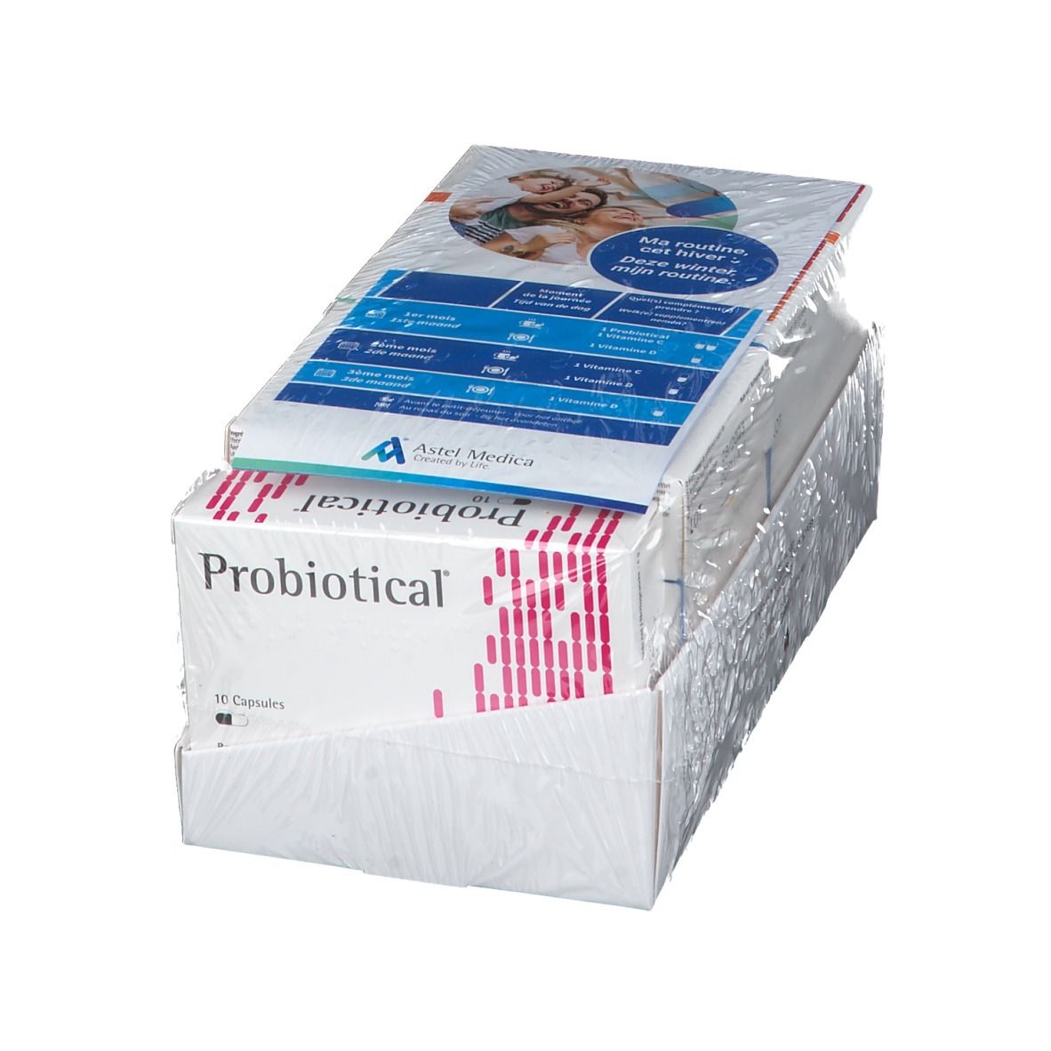 Emballage de Astel Medica Probiotical. Plusieurs boîtes emballées sous film. Informations sur le produit imprimées.