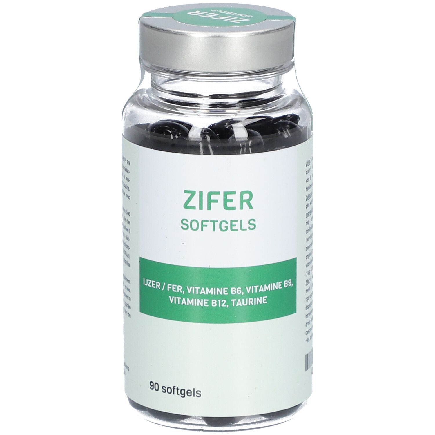 Glazen fles met zwarte capsules. Opschrift: ZIFER Softgels. Bevat Lizer, vitamines B6, B9, B12, taurine. 90 softgels.