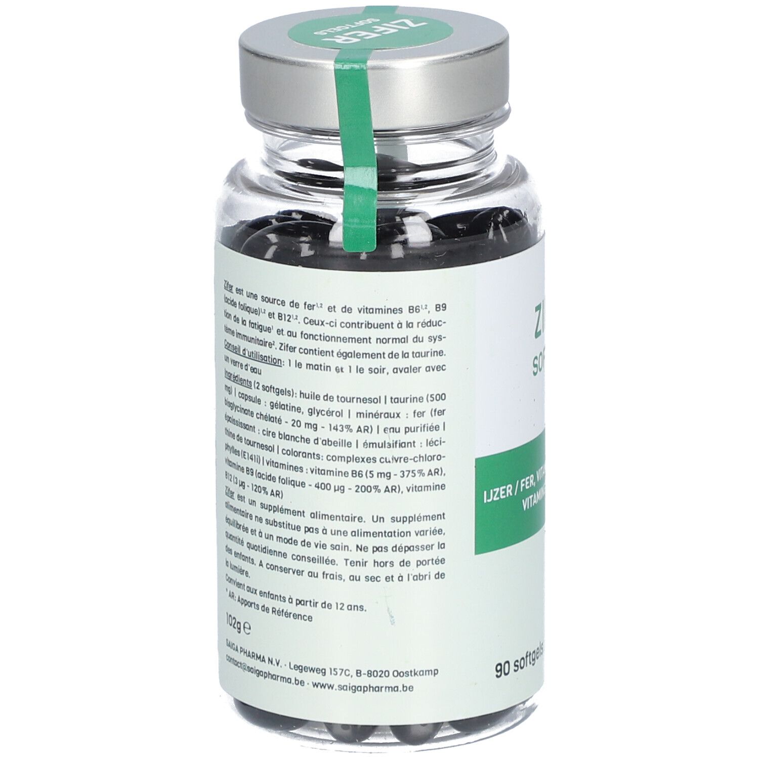 Achterkant van de glazen fles met zwarte capsules. Opschrift: ZIFER Softgels. Bevat Lizer, vitamines B6, B9, B12, taurine. Ingrediënten.