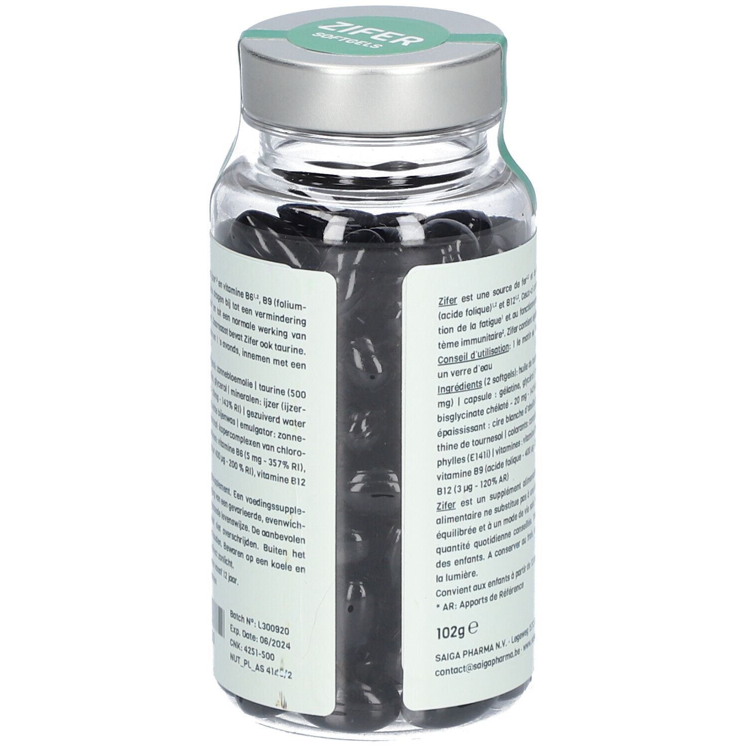 Achterkant van de glazen fles met zwarte capsules. Opschrift: ZIFER Softgels. Bevat Lizer, vitamines B6, B9, B12, taurine. 102g.