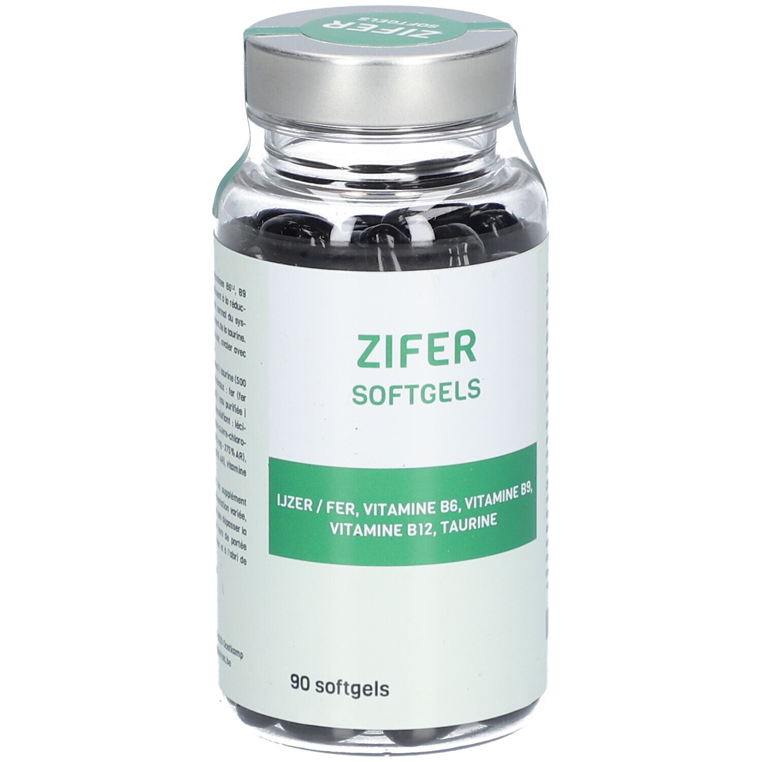 Glazen fles met zwarte capsules. Opschrift: ZIFER Softgels. Bevat Lizer, vitamines B6, B9, B12, taurine. 90 softgels.