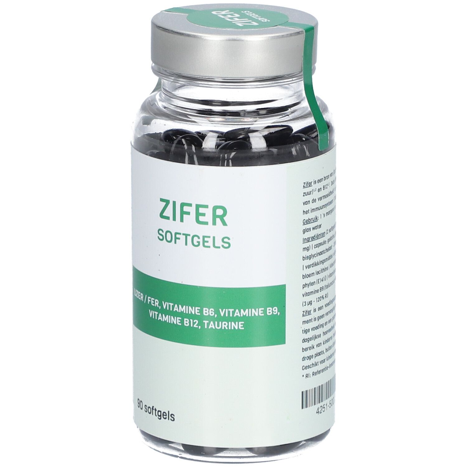 Glazen fles met zwarte capsules. Opschrift: ZIFER Softgels. Bevat Lizer, vitamines B6, B9, B12, taurine. 90 softgels.