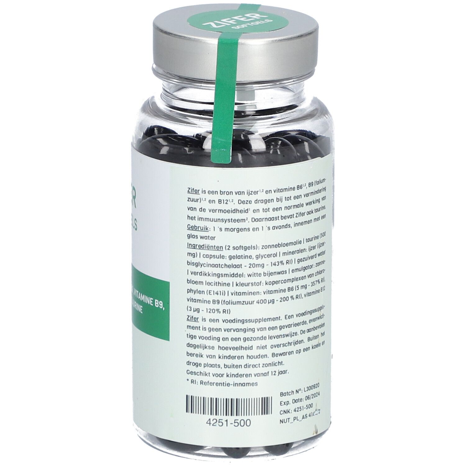 Achterkant van de glazen fles met zwarte capsules. Opschrift: ZIFER Softgels. Bevat Lizer, vitamines B6, B9, B12, taurine. Ingrediënten.