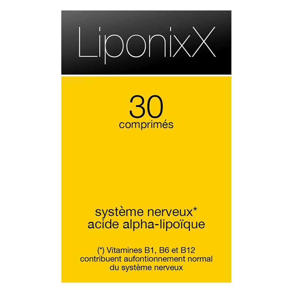 Boîte jaune avec couvercle noir. Contient 30 comprimés. Inscription : Liponixx, système nerveux, acide alpha-lipoïque.