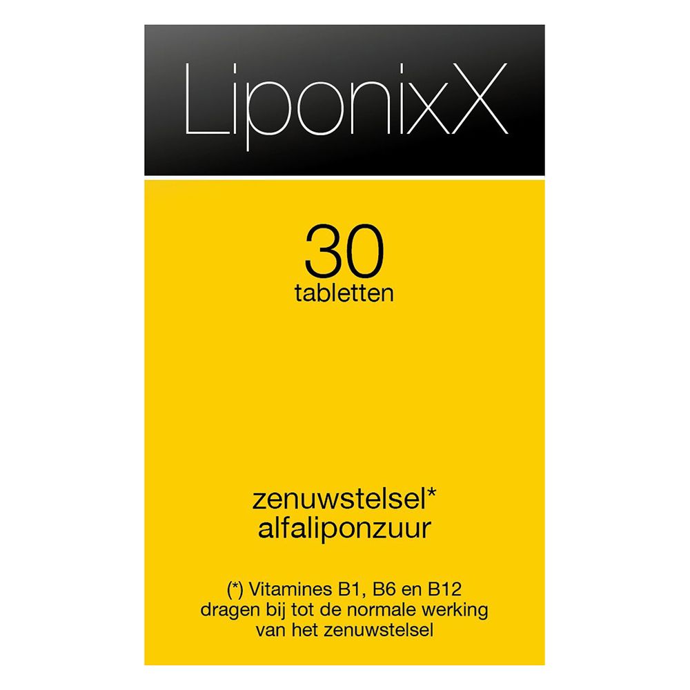 Gele doos met zwart deksel. Bevat 30 tabletten. Opschrift: Liponixx, zenuwstelsel, alfaliponzuur.