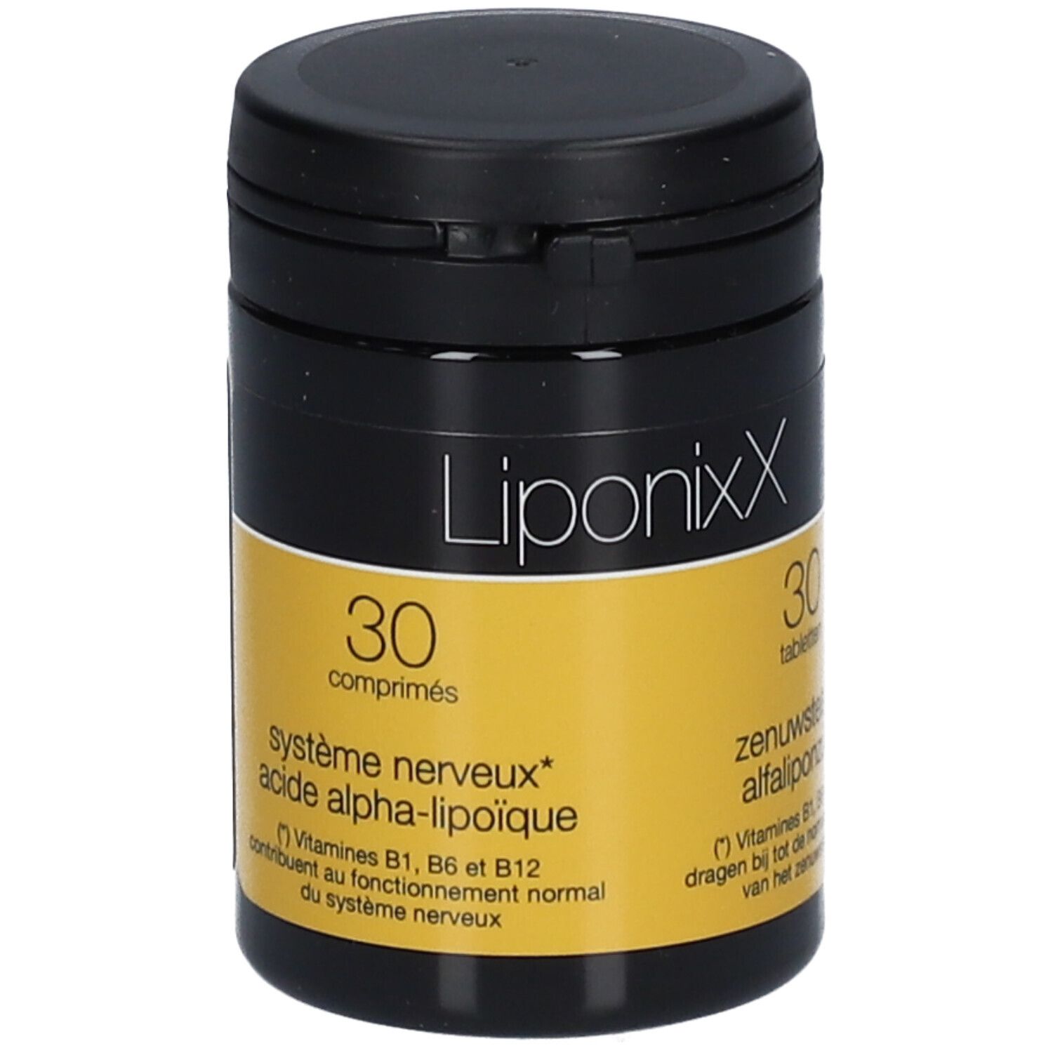 Zwarte pot met geel etiket. Bevat 30 tabletten. Opschrift: Liponixx, système nerveux, acide alpha-lipoïque.