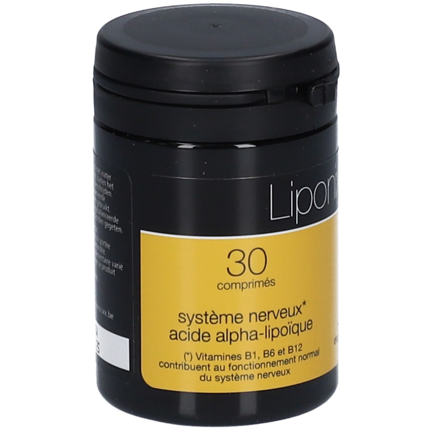 Zwarte pot met geel etiket. Bevat 30 tabletten. Opschrift: Liponixx, système nerveux, acide alpha-lipoïque.