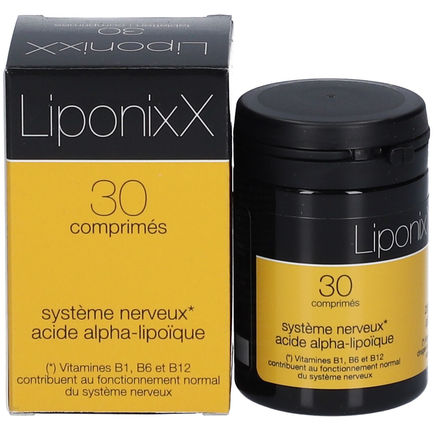 Productverpakking. Zwarte doos met geel etiket. Bevat 30 tabletten. Opschrift: Liponixx, système nerveux.