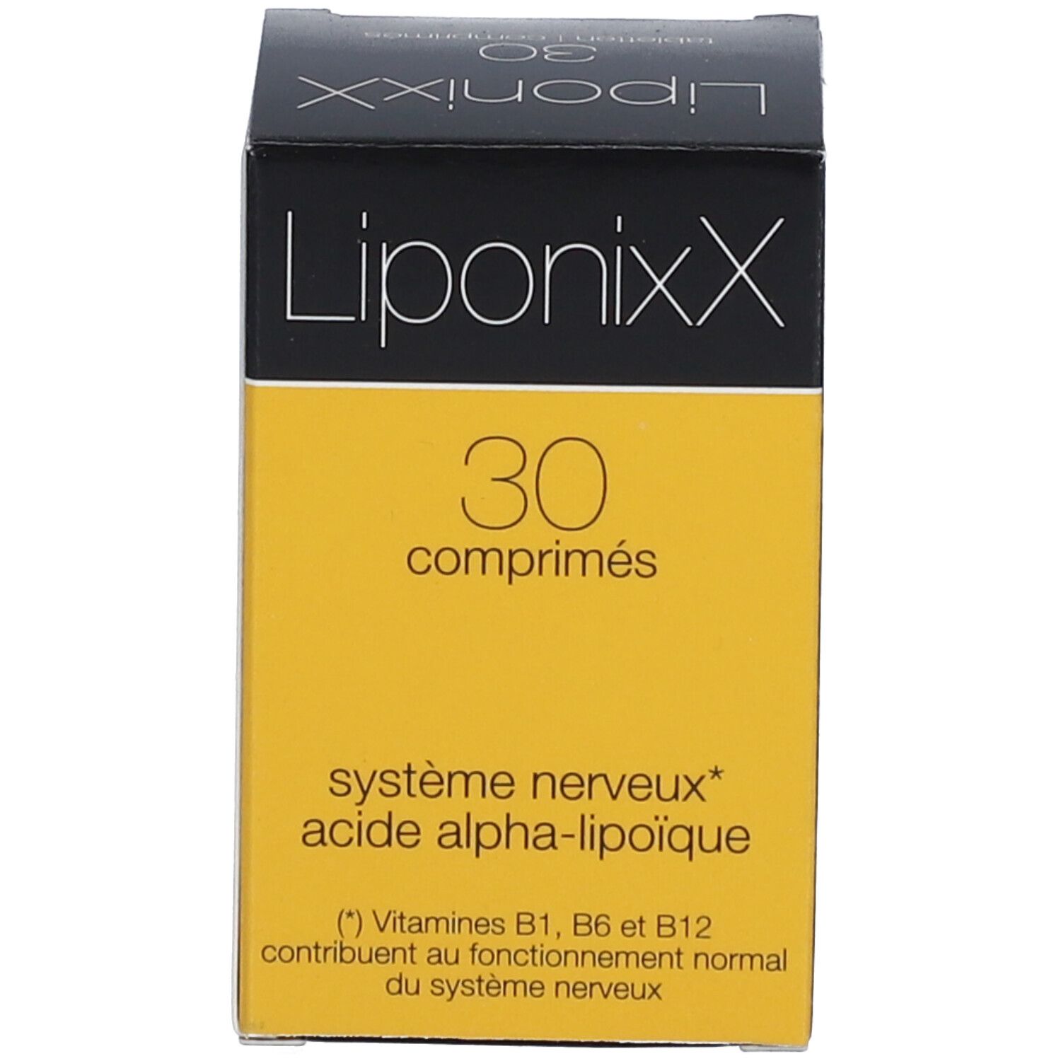 Productverpakking. Zwarte doos met geel etiket. Bevat 30 tabletten. Opschrift: Liponixx, système nerveux.