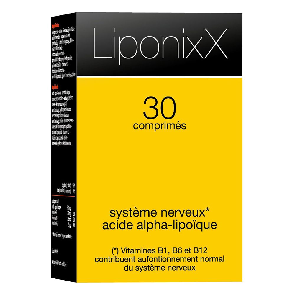 Boîte jaune avec couvercle noir. Contient 30 comprimés. Inscription : Liponixx, système nerveux, acide alpha-lipoïque.