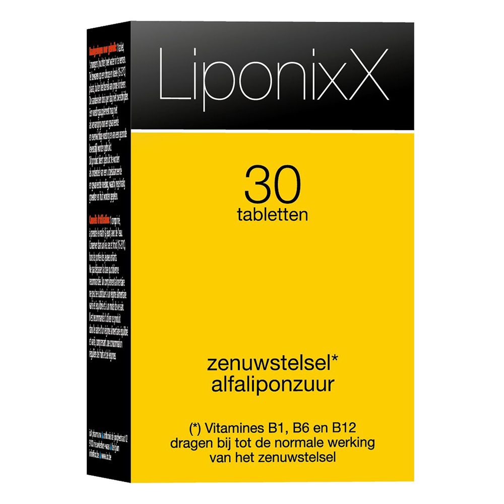 Gele doos met zwart deksel. Bevat 30 tabletten. Opschrift: Liponixx, zenuwstelsel, alfaliponzuur.