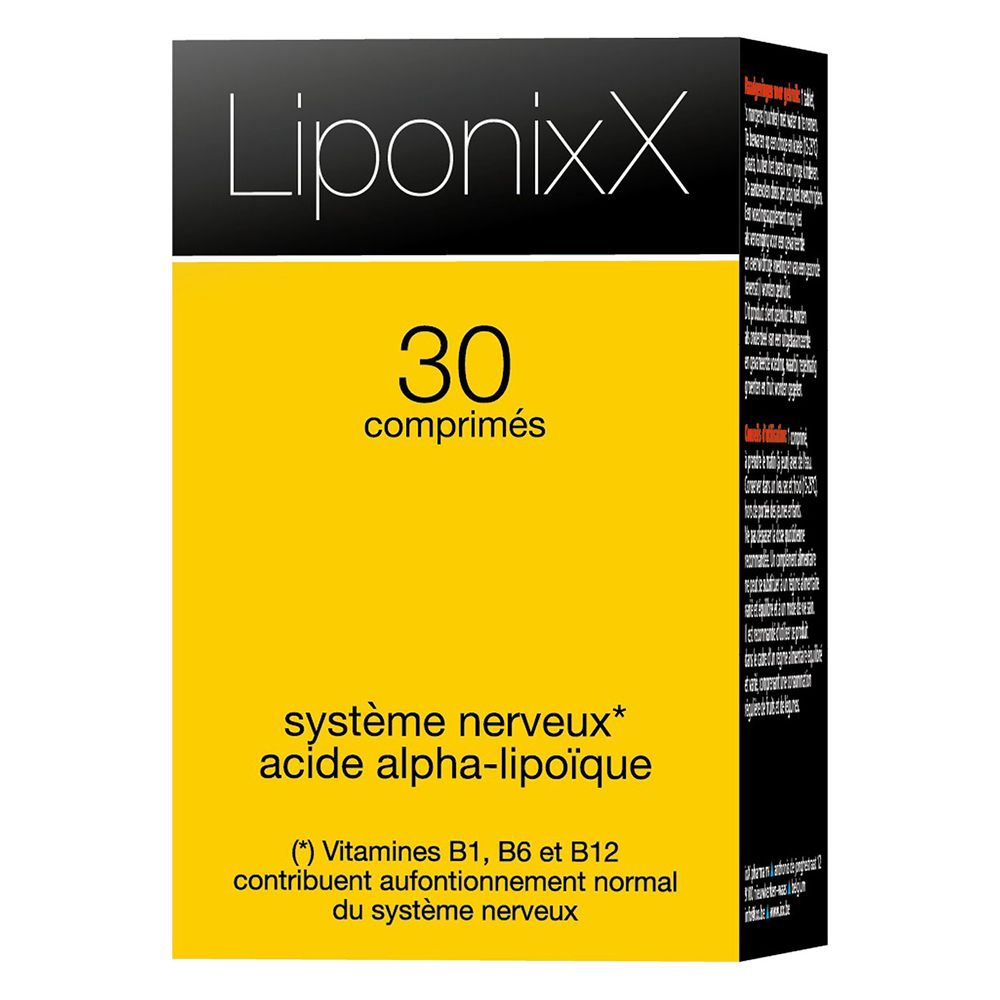 Boîte jaune avec couvercle noir. Contient 30 comprimés. Inscription : Liponixx, système nerveux, acide alpha-lipoïque.