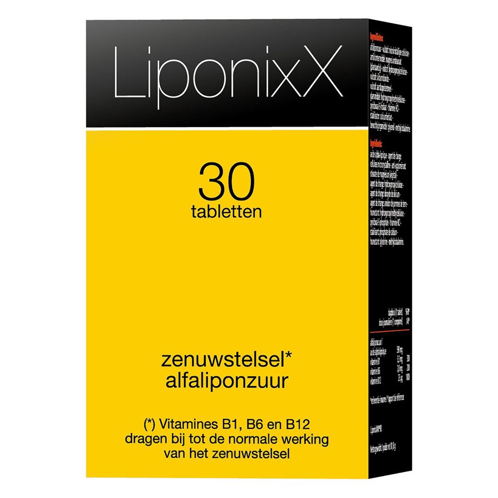 Gele doos met zwart deksel. Bevat 30 tabletten. Opschrift: Liponixx, zenuwstelsel, alfaliponzuur.