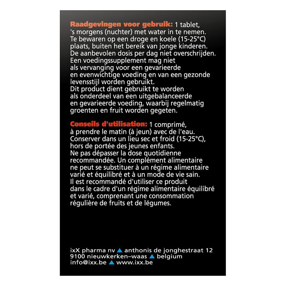 Gele doos met zwart deksel. Bevat 30 tabletten. Opschrift: Liponixx, système nerveux, acide alpha-lipoïque.