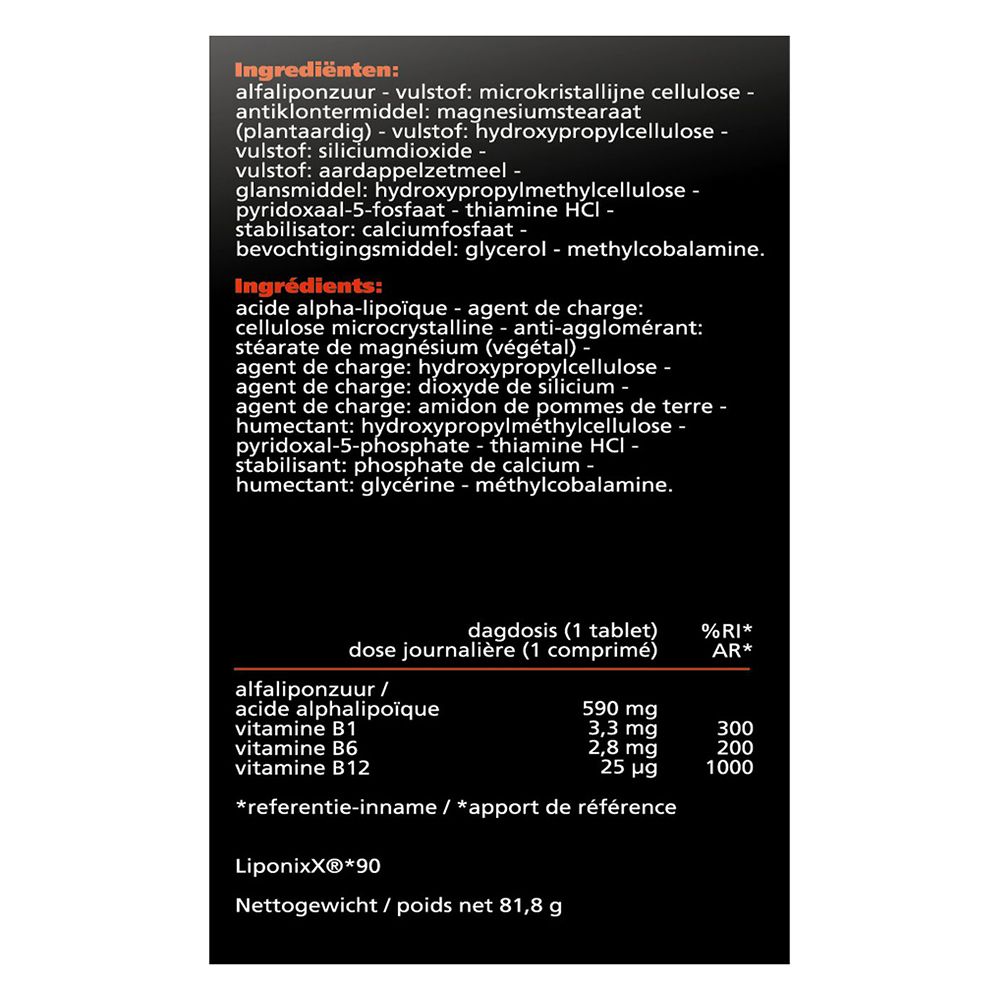 Boîte jaune avec couvercle noir. Contient 30 comprimés. Inscription : Liponixx, système nerveux, acide alpha-lipoïque.