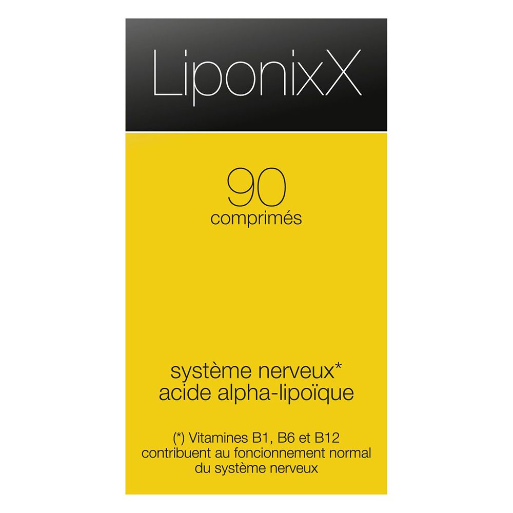 Boîte avec étiquette jaune et texte blanc: LiponixX, 90 comprimés.